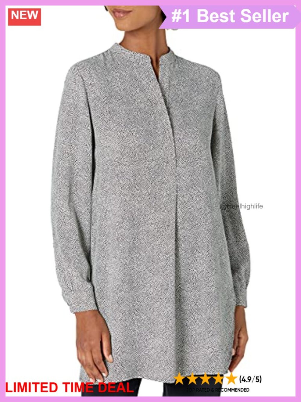 Anne Klein Split Neck Long Tunic Blouse Button Long Sleeve Casual Top